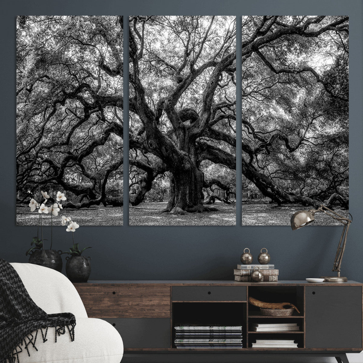Black and White Old Angel Oak Tree Wall Art Canvas Print