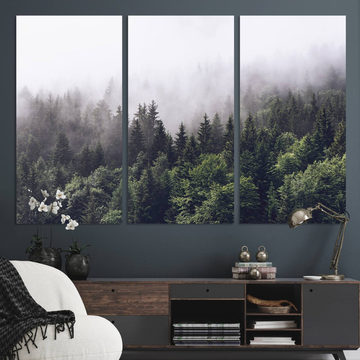 Misty Forest Wall Art Canvas Print, Serene Foggy Pines and