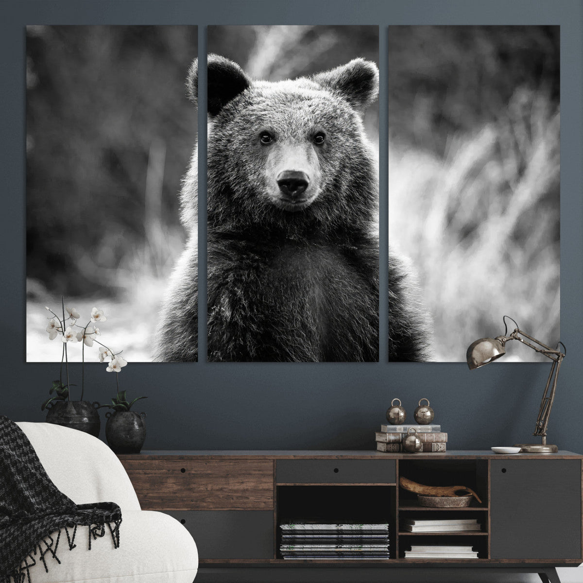 Grizzly Bear Wall Art Canvas Print – Framed Black White