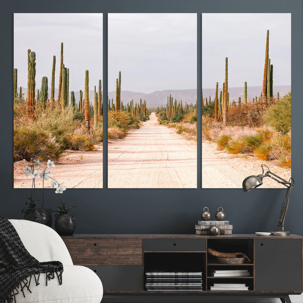Desert Cactus Lined Road Wall Art Canvas Print – Framed