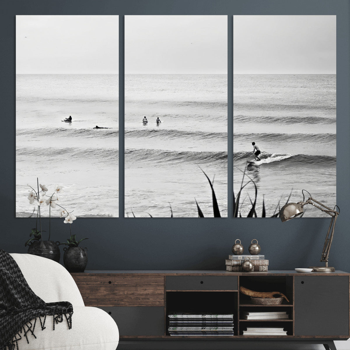 Surfer Silhouette Wall Art – Framed Calm Ocean Canvas