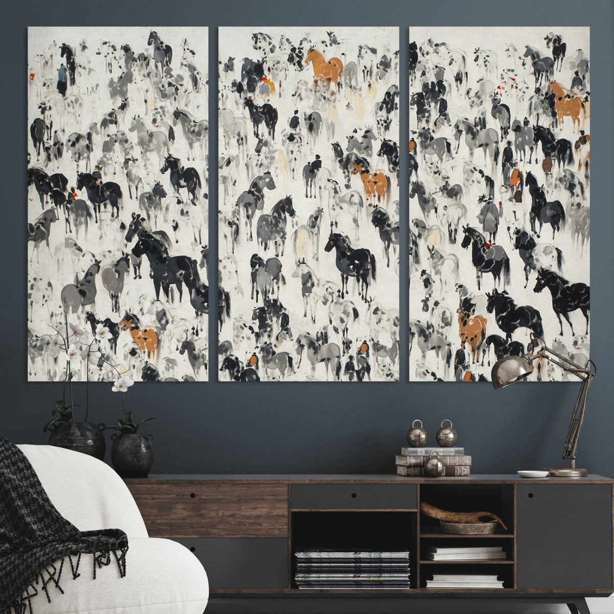 Wild Horse Stampede Wall Art Canvas Print – Monochrome