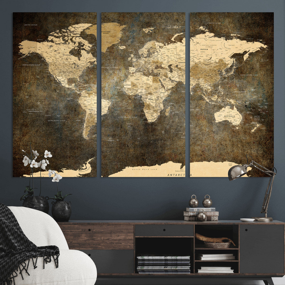 Large Framed Vintage World Map Wall Art Print for Home Wall