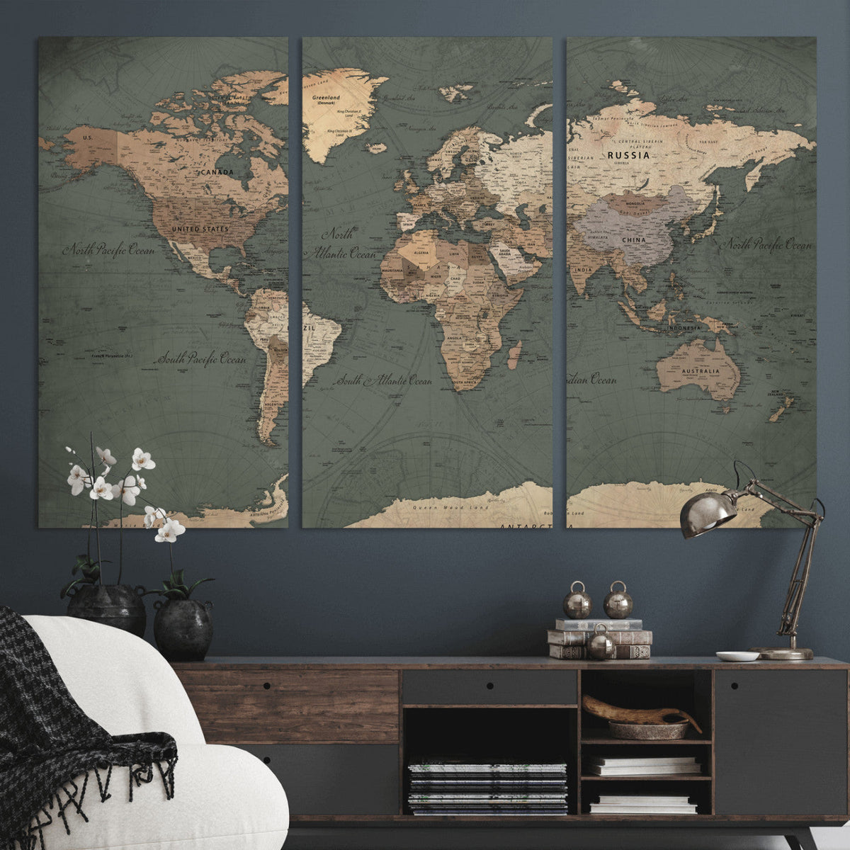 Rustic Black and Wood World Map Canvas Wall Art – Framed