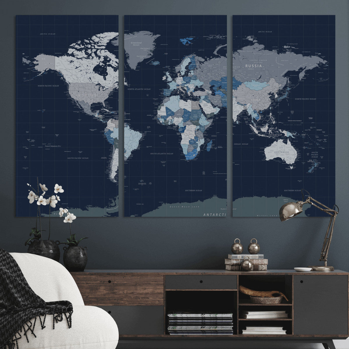 Blue Detailed World Map Wall Art Canvas Print, Modern Framed