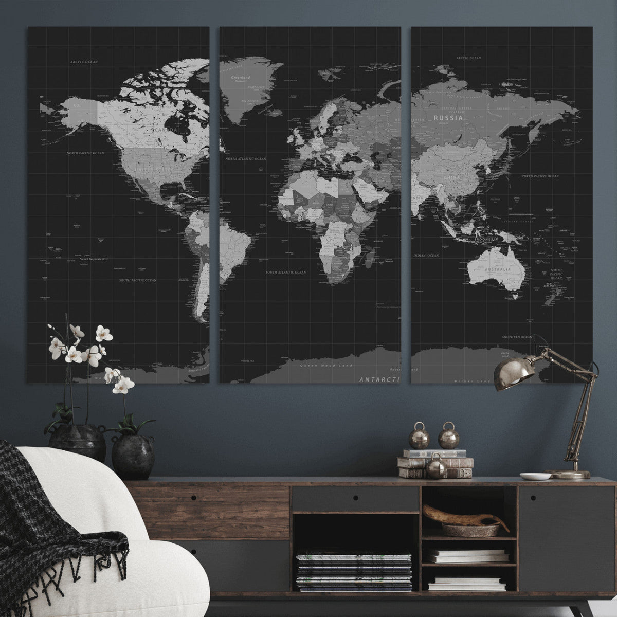 Black World Map Wall Art Canvas Print – Detailed Map of the