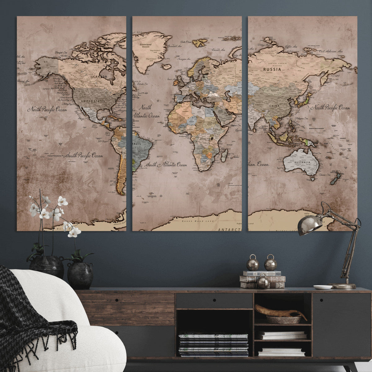 Grunge World Map Canvas Wall Art - Vintage Aged World Map