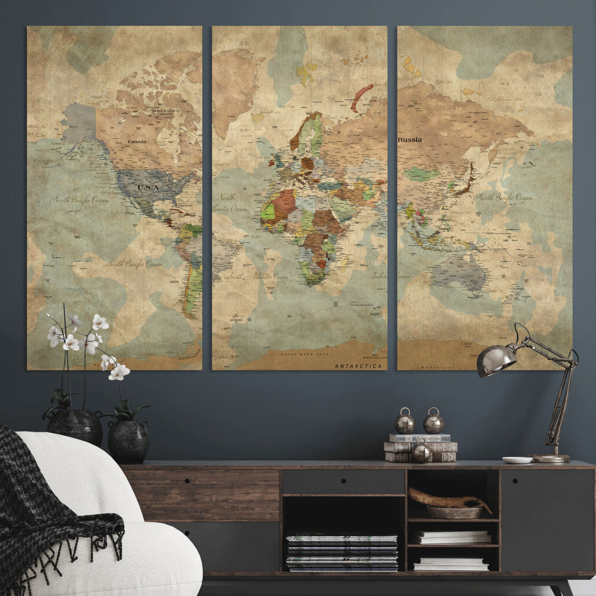World Map Wall Art Canvas Print, Rustic Map Print, Framed