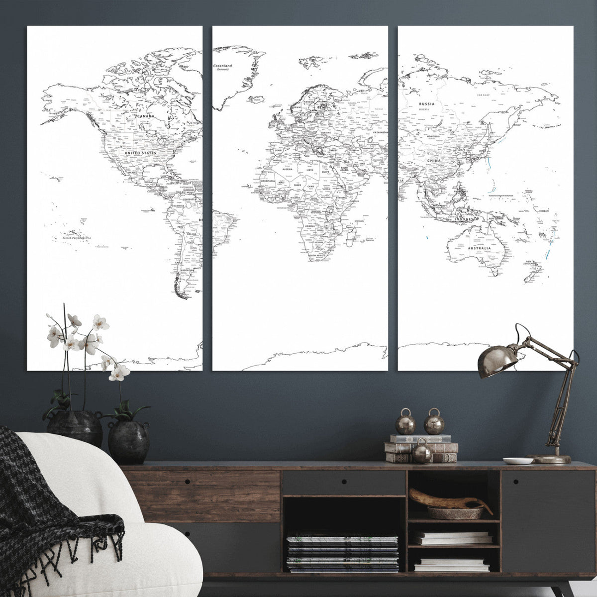 World Map Canvas Print – Framed Modern Detailed Map of the