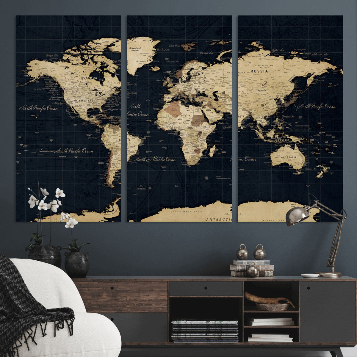 Dark World Map Canvas Wall Art Print, Minimal Black and Gold