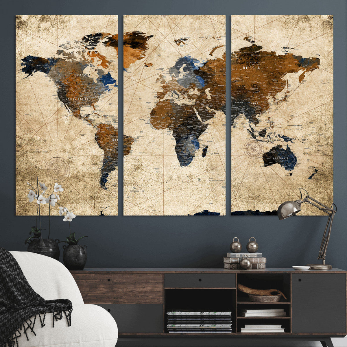 World Map Wall Art – Rustic Earth Tone Canvas Print, Antique