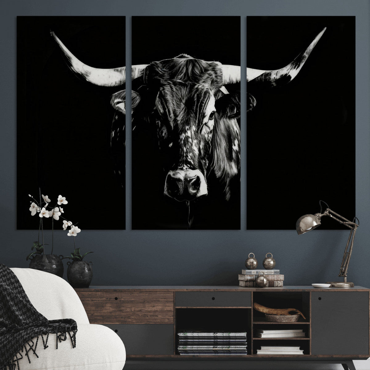 Black Bull Wall Art Canvas Print, Dark Longhorn Portrait