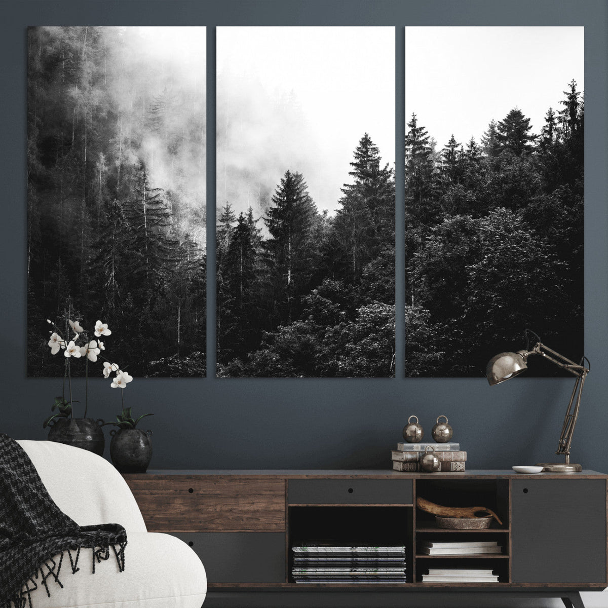 Black White Forest Wall Art Canvas Print, Misty Pine Tree