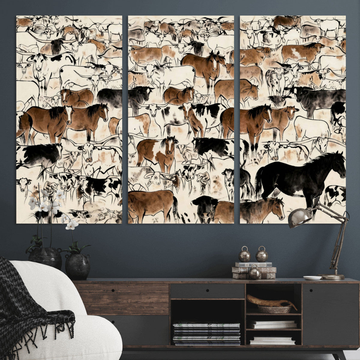 Farmhouse Animals Horse Longhorn Cow Wall Art Canvas Print -