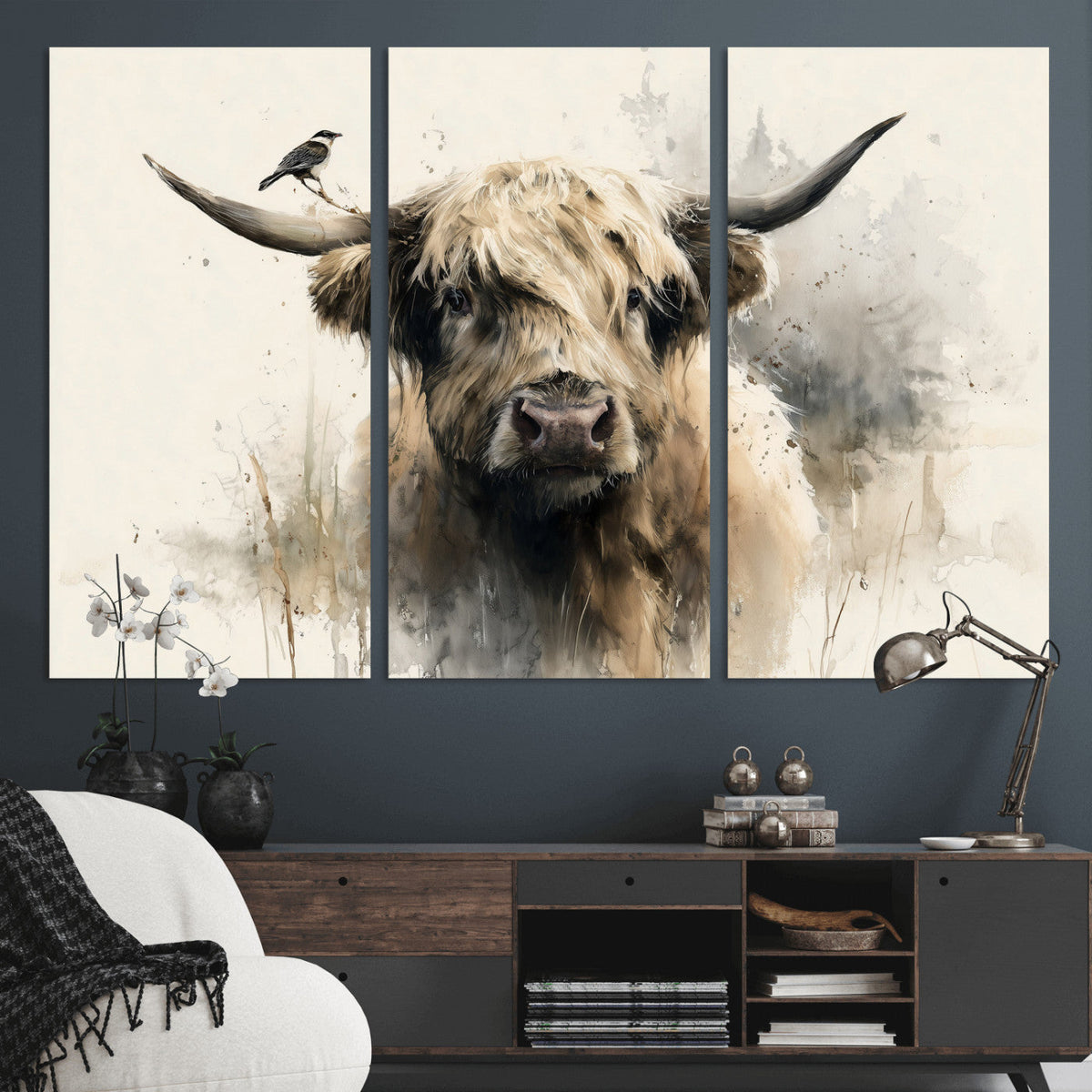 Abstract Highland Cow Wall Art Canvas Print, Rustic Farm
