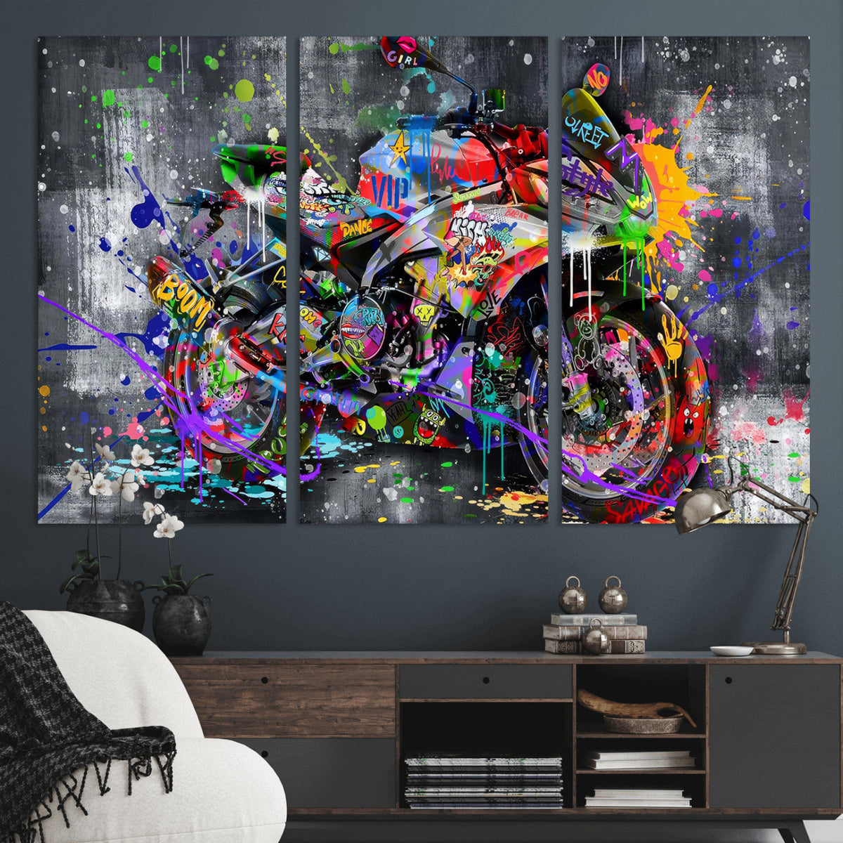 Graffiti Motorcycle Wall Art Canvas Print, Urban Street Art