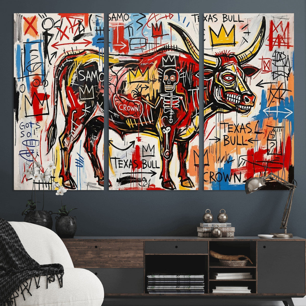 Texas Bull Wall Art Canvas Print, Abstract Graffiti Bull