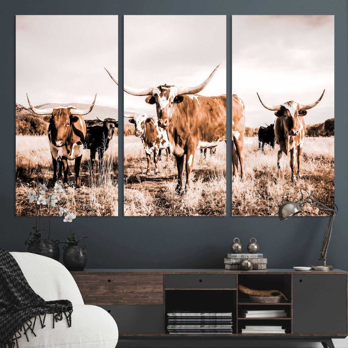 Texas Longhorn Cattle Wall Art Canvas Print, Sepia Western