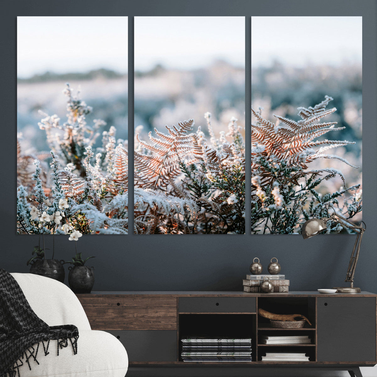 Frosted Fern Wall Art Canvas Print, Soft Winter Botanical