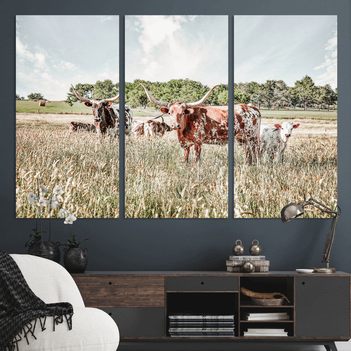 Texas Longhorn Cattle Wall Art Canvas Print, Rustic Ranch