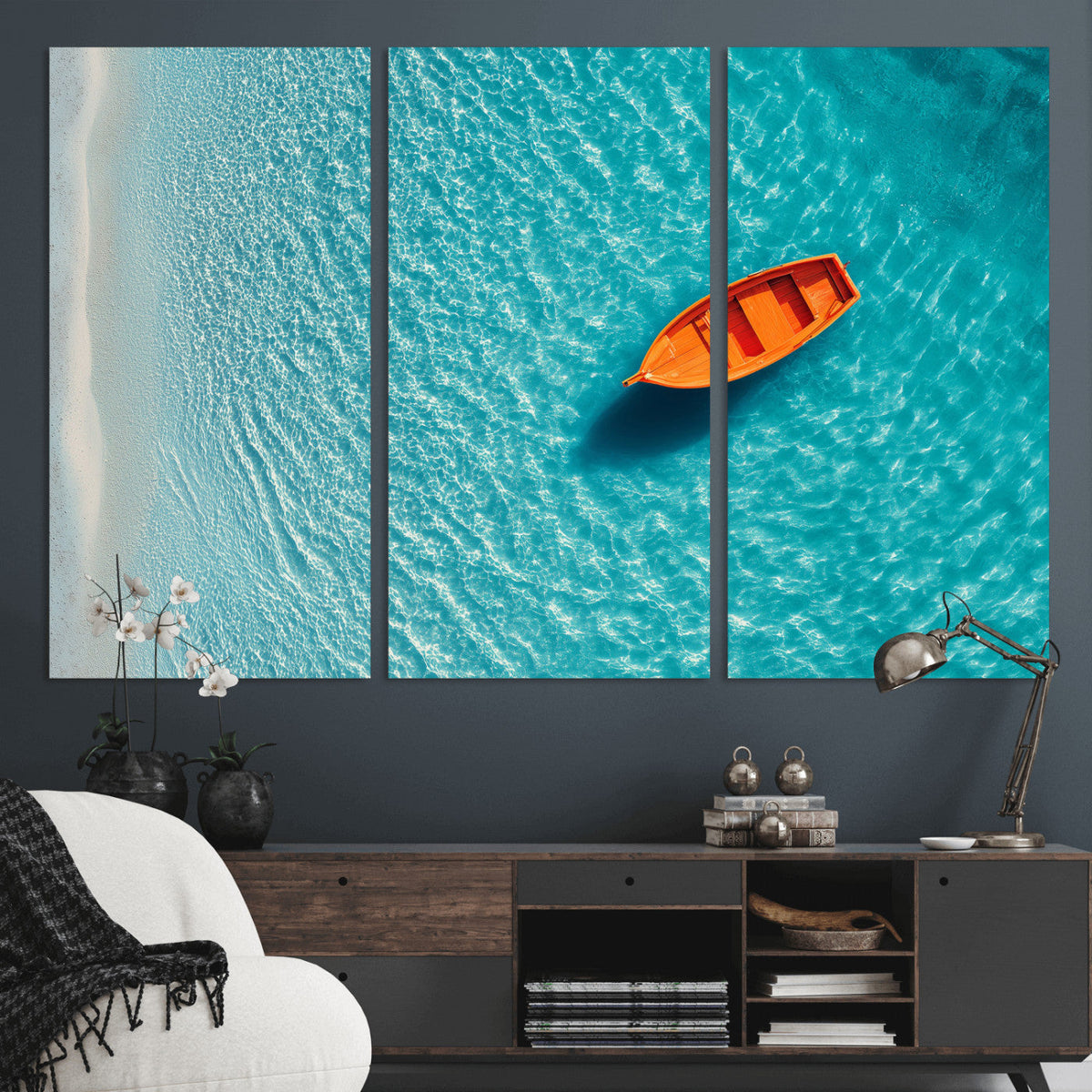 Minimalist Boat Wall Art Canvas Print, Aerial Sea Landscape