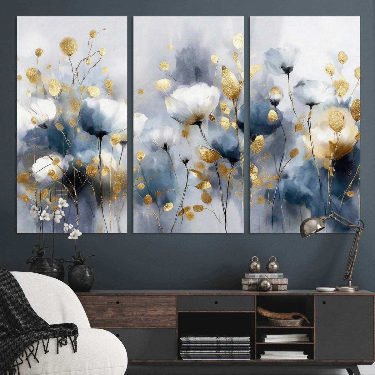 Large Abstract Flowers Wall Art Canvas Print – Gold and Blue