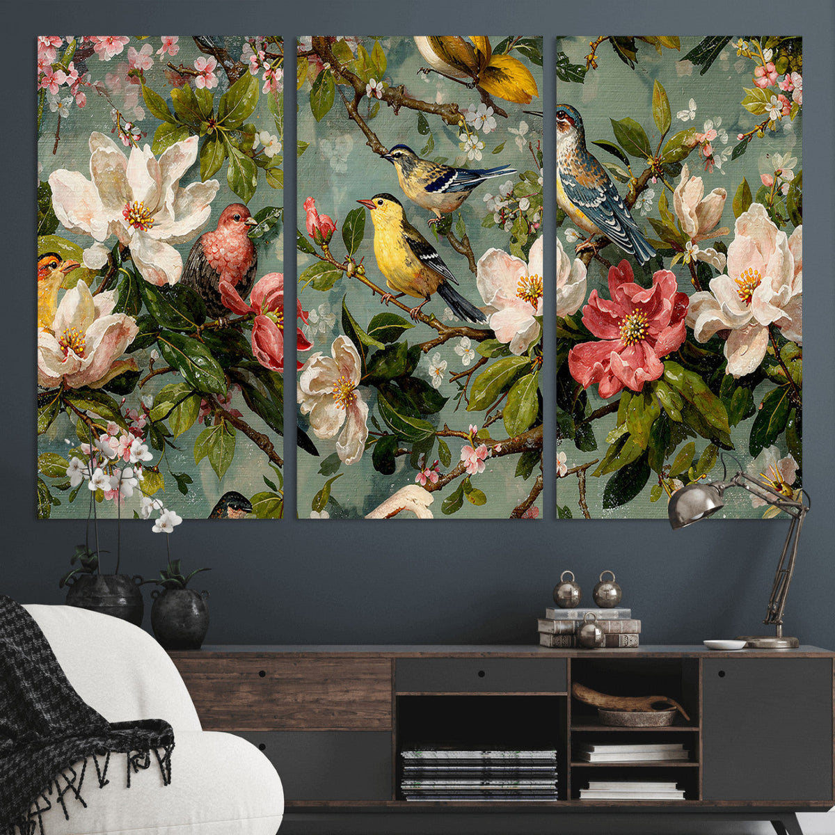 Vintage Birds and Flowers Wide Wall Art: Extra Large