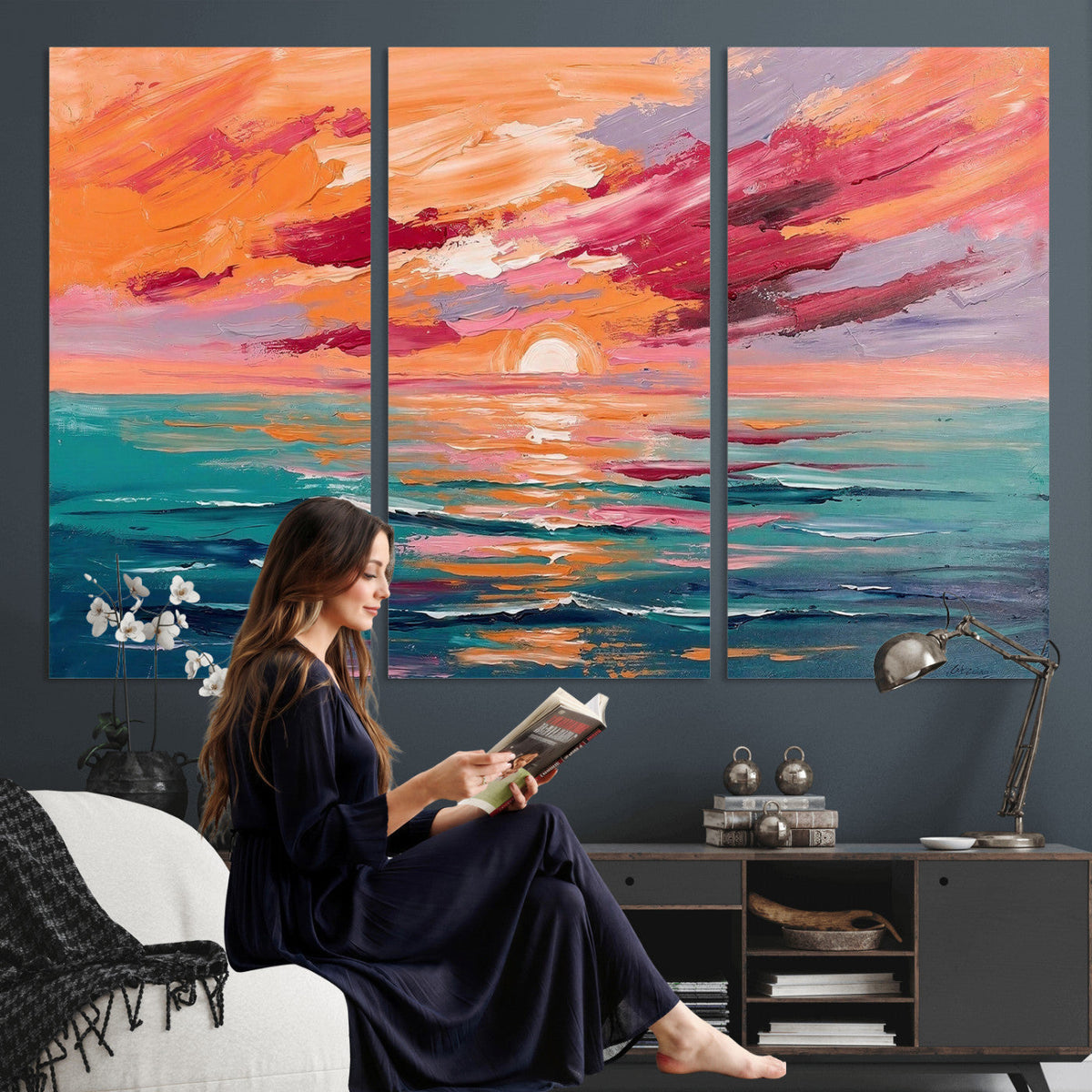 Bold Palette Knife Ocean Sunset Canvas — Orange Pink Teal