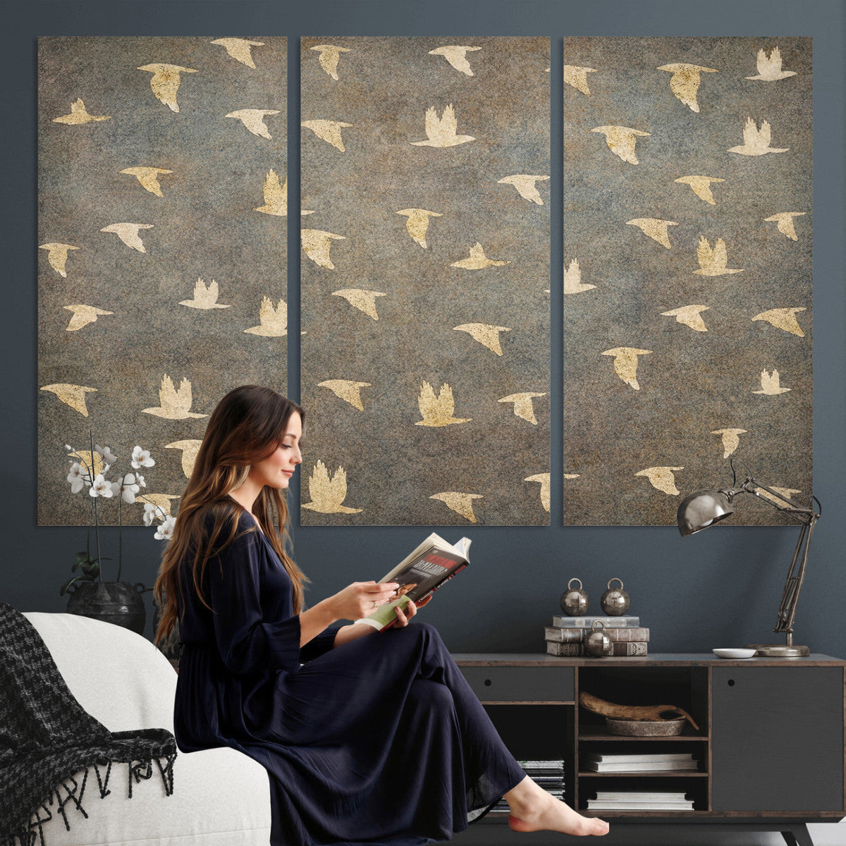 Flying Birds Canvas Wall Art, Vintage Bird Flock Pattern