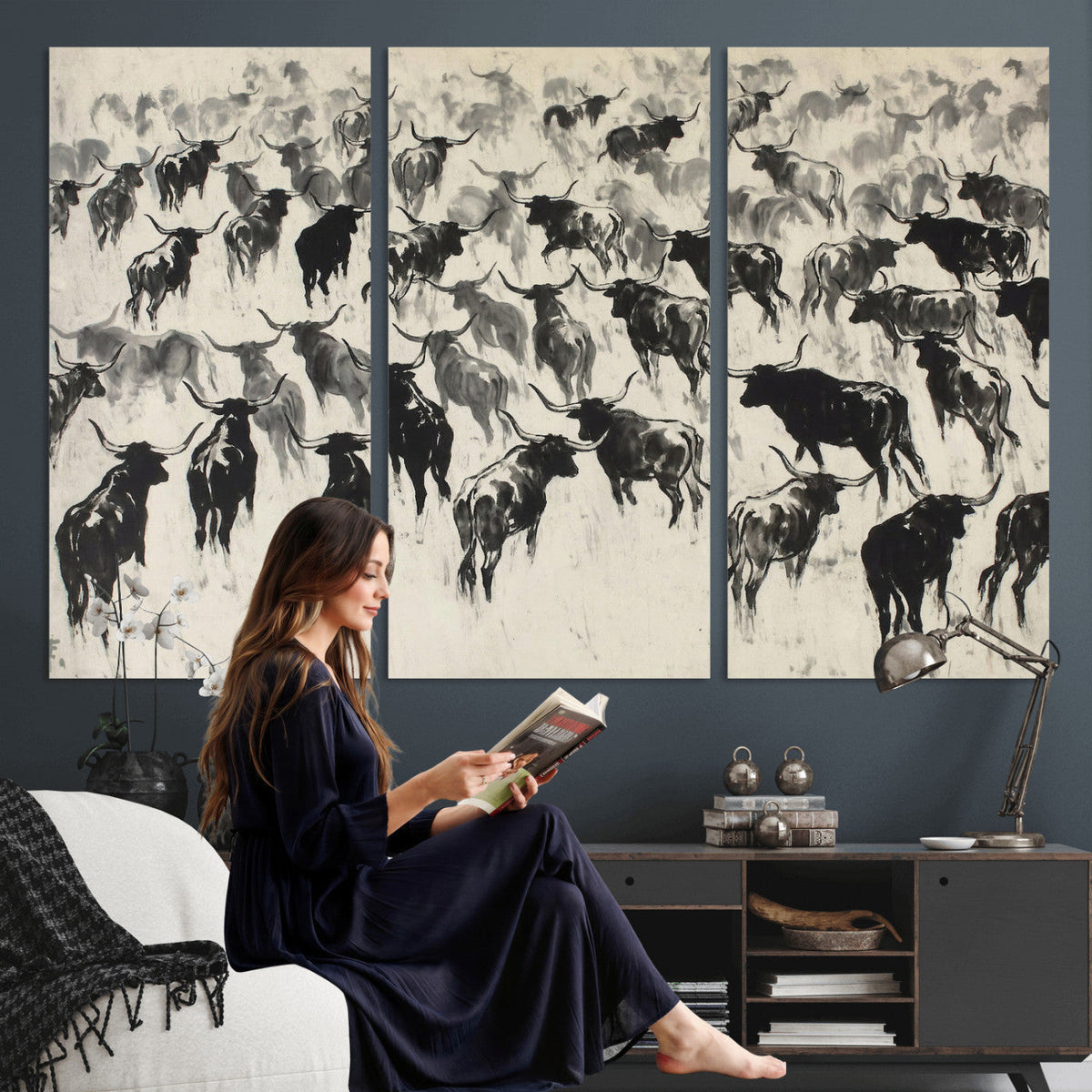 Longhorn Cattle Canvas Wall Art, Black White Stampede Ink