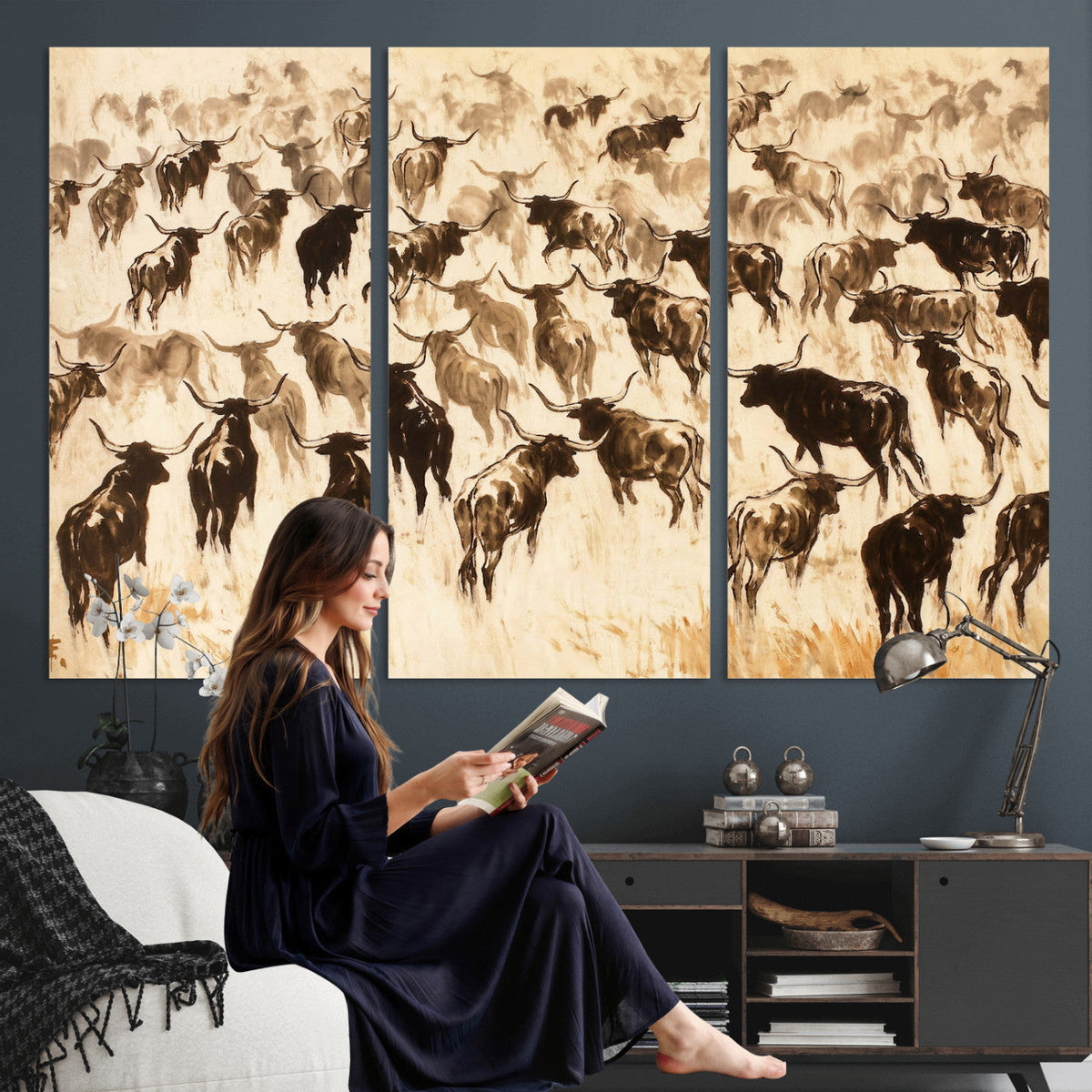 Texas Longhorn Sepia Canvas Wall Art, Western Cattle