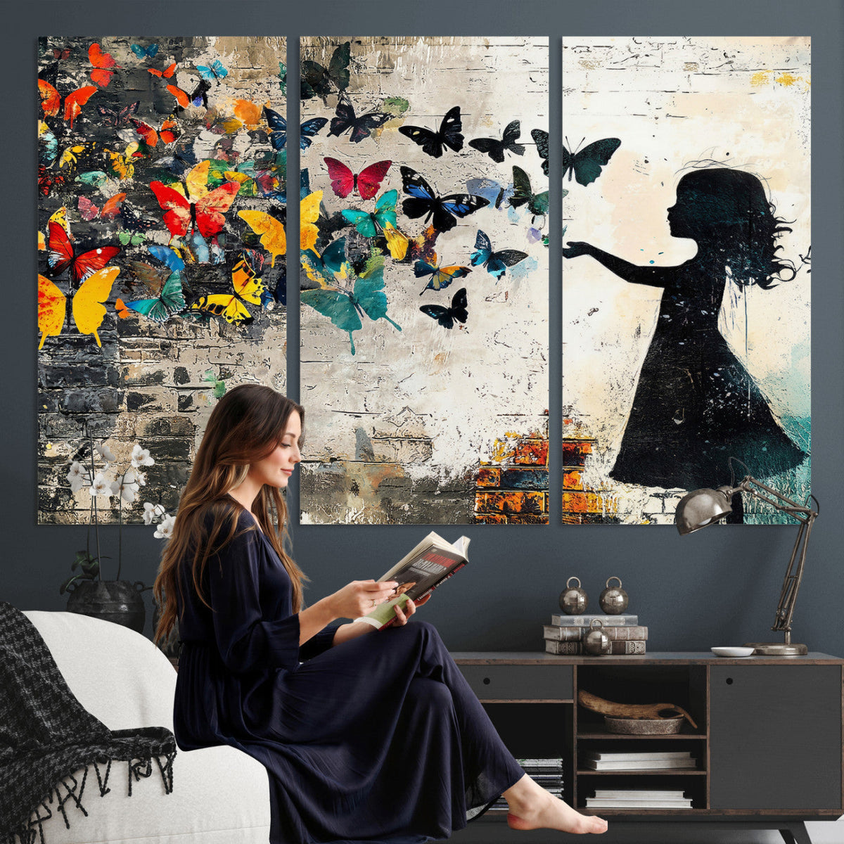 Banksy Butterfly Girl Wall Art Canvas Print, Framed Street