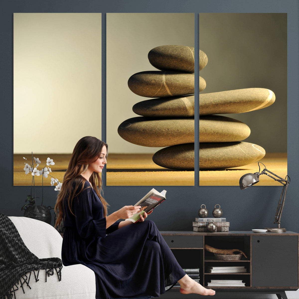 Zen Stone Wall Art Canvas Print, Balanced Rock Stack Framed