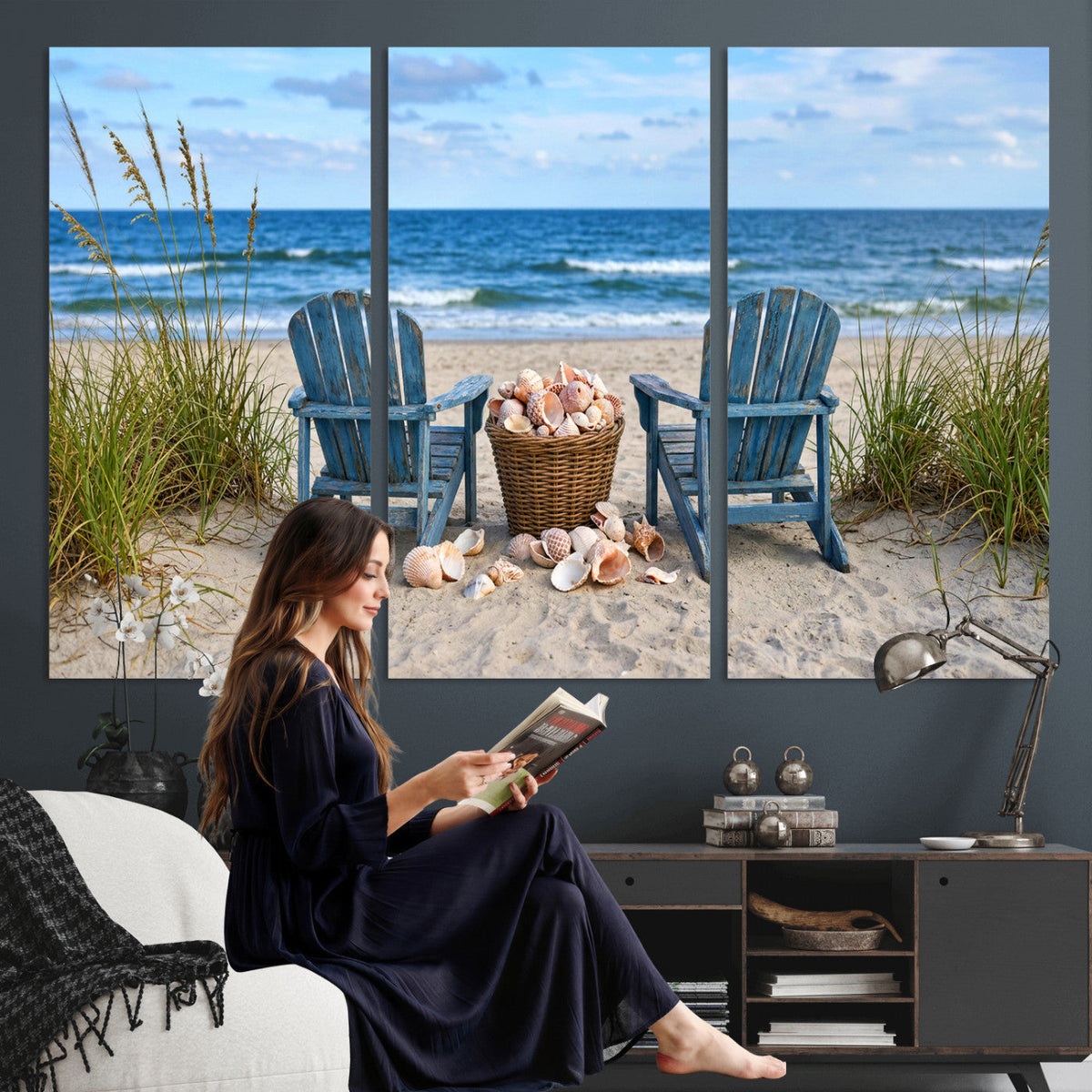 Large Beach Canvas Wall Art Coastal Adirondack Chairs Ocean