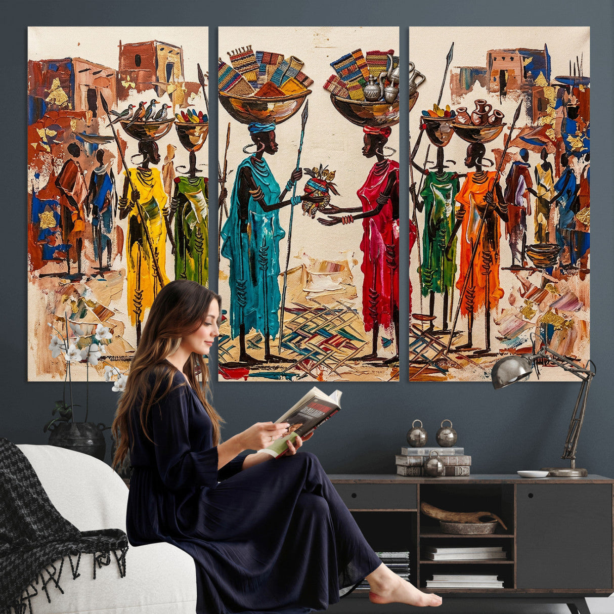 African Folk Art Canvas Wall Art, Colorful African Women Village Painting Print, Tribal Ethnic Home Decor, Vibrant African Art, Living Room