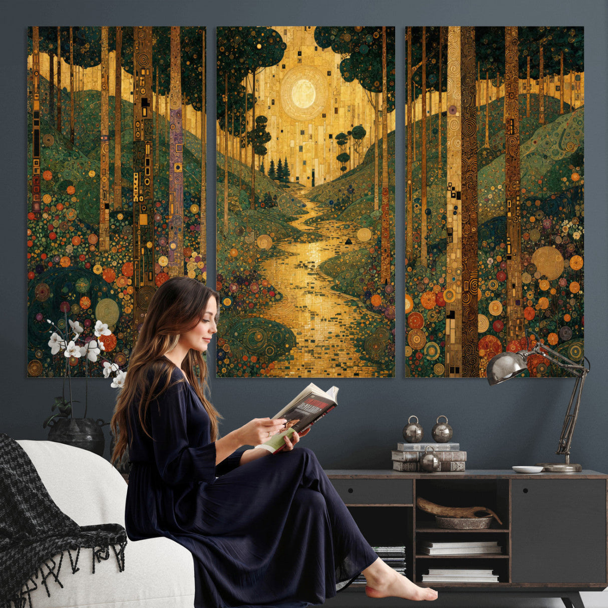 Gustav Klimt Style Forest Canvas Wall Art, Golden Forest Path Floral Art Nouveau Print, Enchanted Woodland Decor