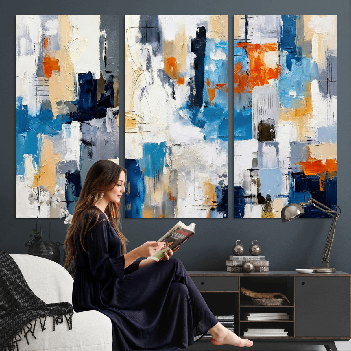 Blue Teal Abstract Canvas Wall Art, Modern Textured Painting Print, Navy Orange White Contemporary Art, Neutral Living Room Decor, Office Art