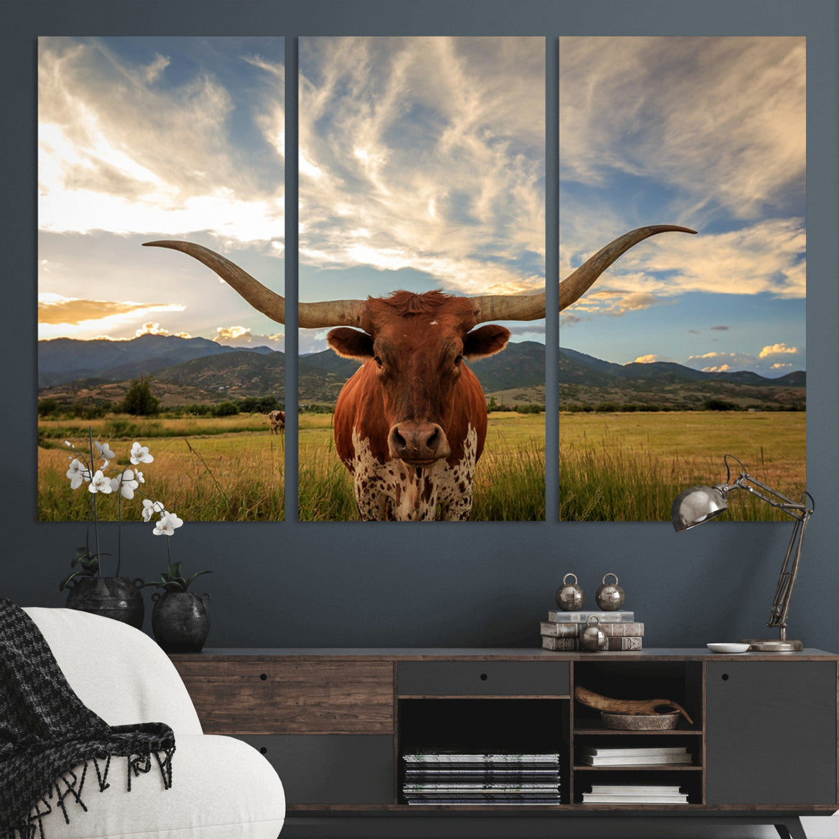 Texas Longhorn Canvas Wall Art – Majestic Triptych Animal