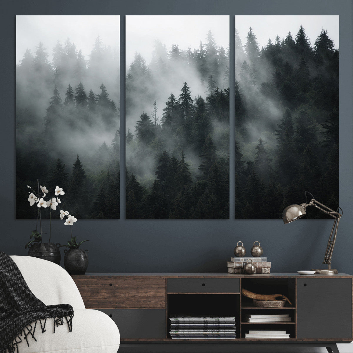 Foggy Forest Wall Art Canvas Print | 3 Panel Large Misty