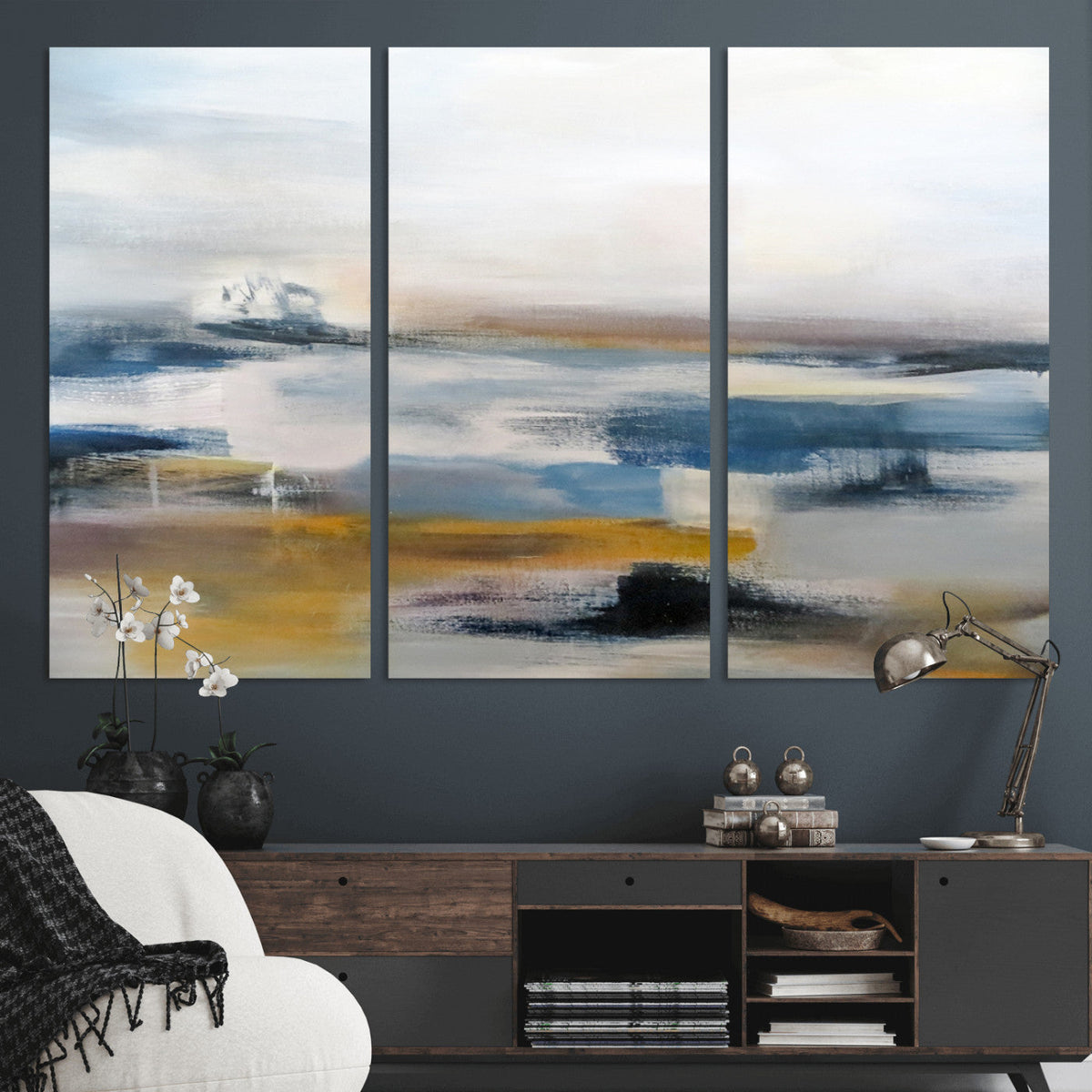 Abstract Landscape Wall Art Canvas | 3 Panel Modern Blue,