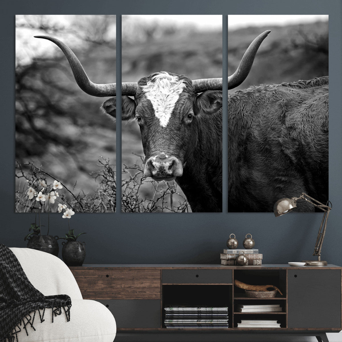 Western Home Wall Art Canvas Print, Framed Texas Longhorn