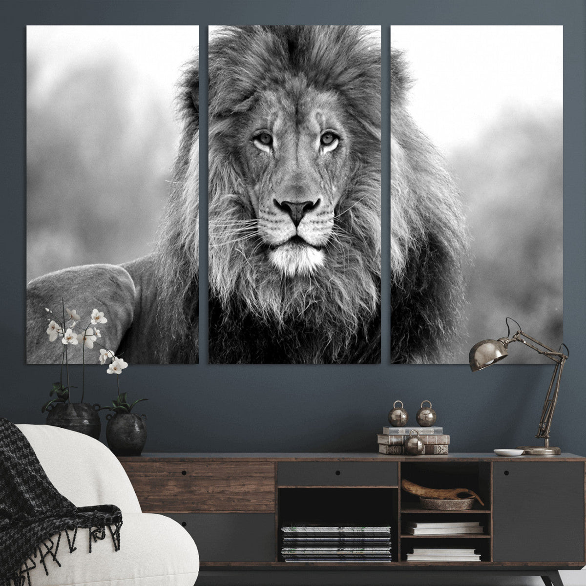 Black and White Lion Canvas Wall Art – Animal Print Artwork