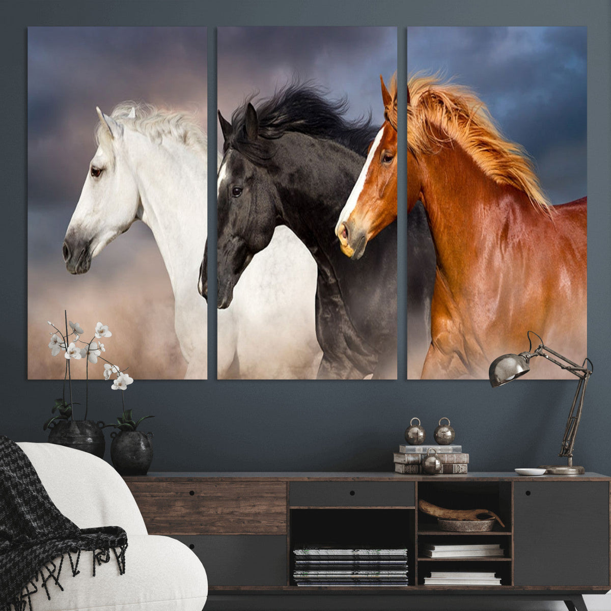 Animal Wall Art Three Horses Farmhouse Art Canvas, Framed
