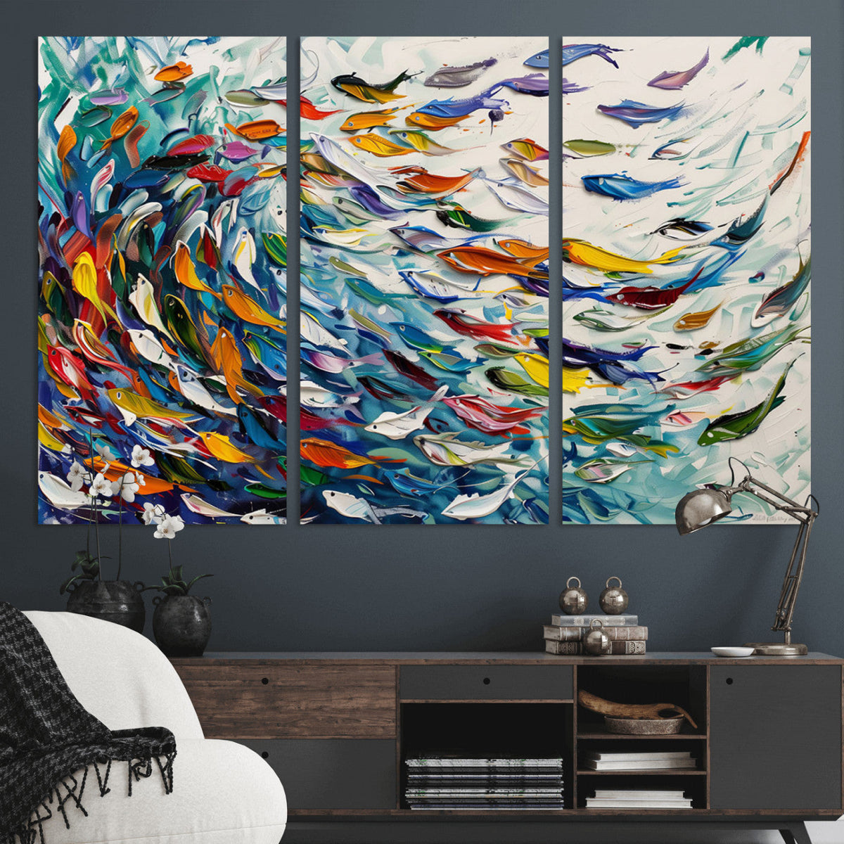 Modern Abstract Fish Shoal Wall Art Canvas Print, Colorful