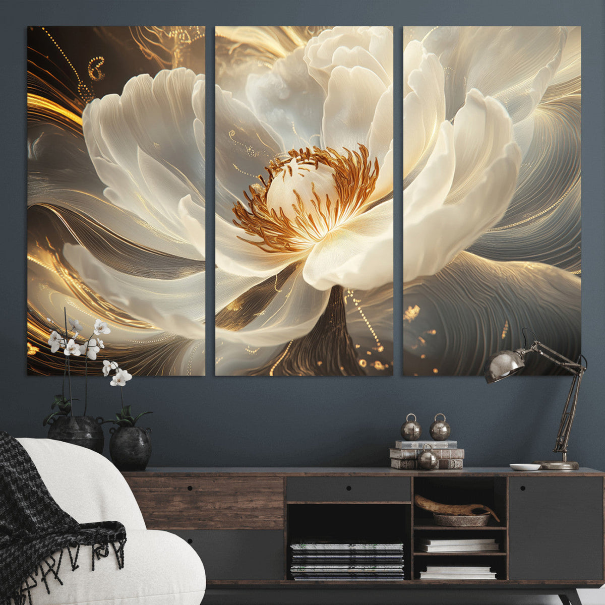 Gold Floral Wall Art Canvas Print, Framed Modern Flower Art