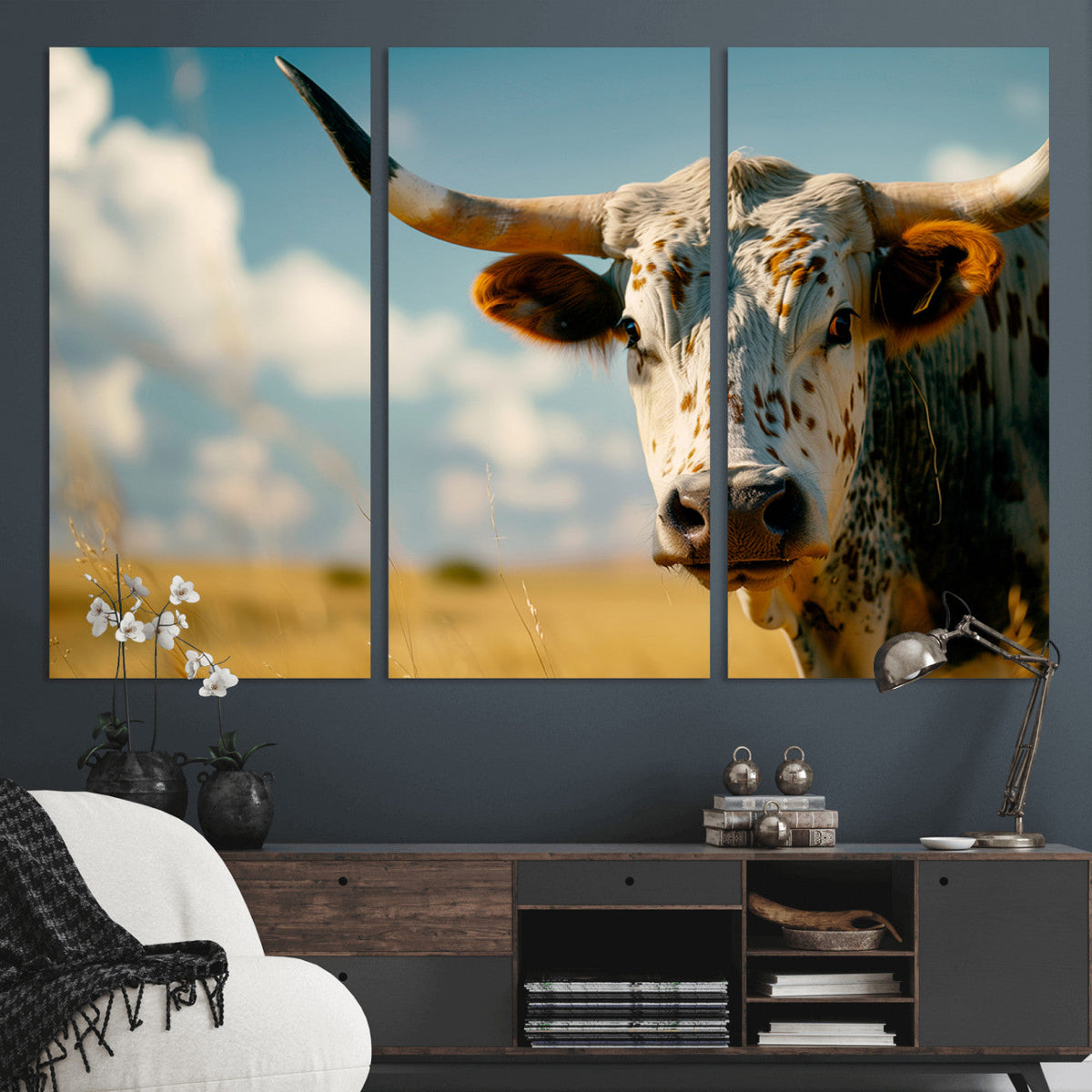 Longhorn in the Prairie - Stunning Ranch-Style Triptych Wall