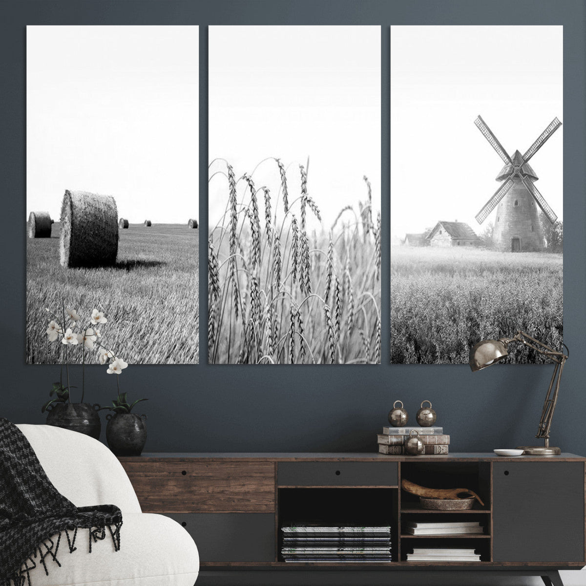 Vintage Farmhouse Black and White Triptych Wall Art – Giclee