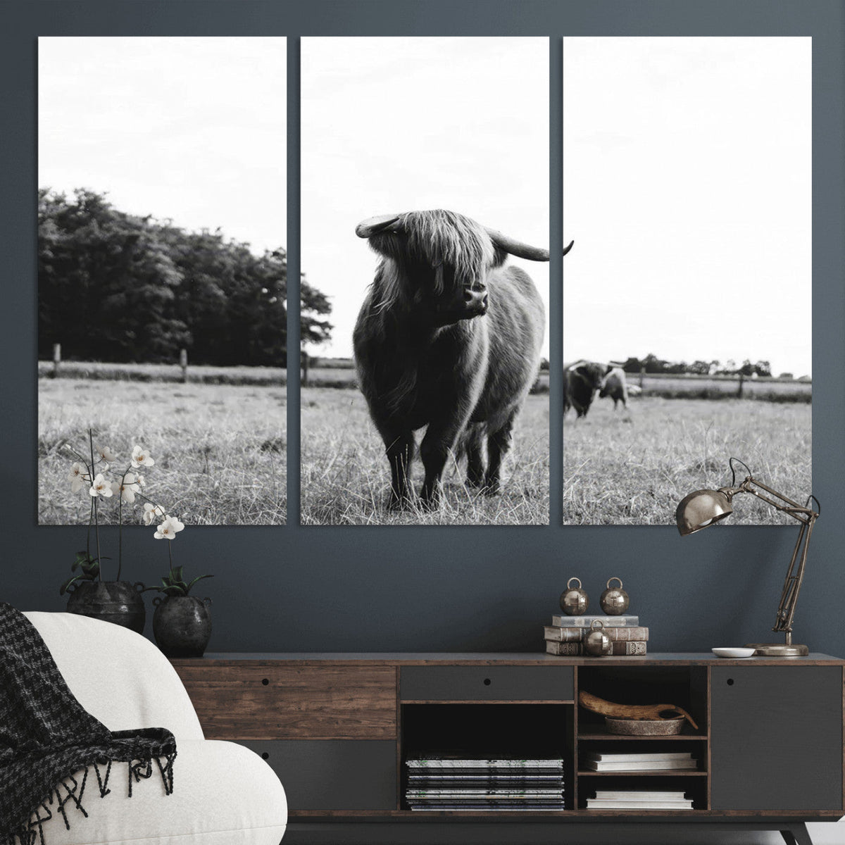Black and White Highland Cow Wall Art Canvas Print | Rustic