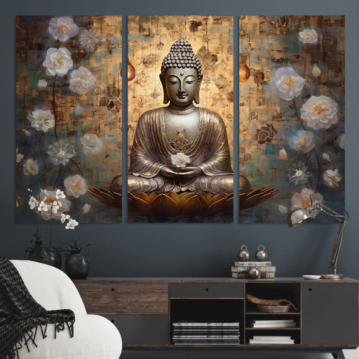 Golden Buddha Wall Art Canvas Print | Zen Meditation Floral