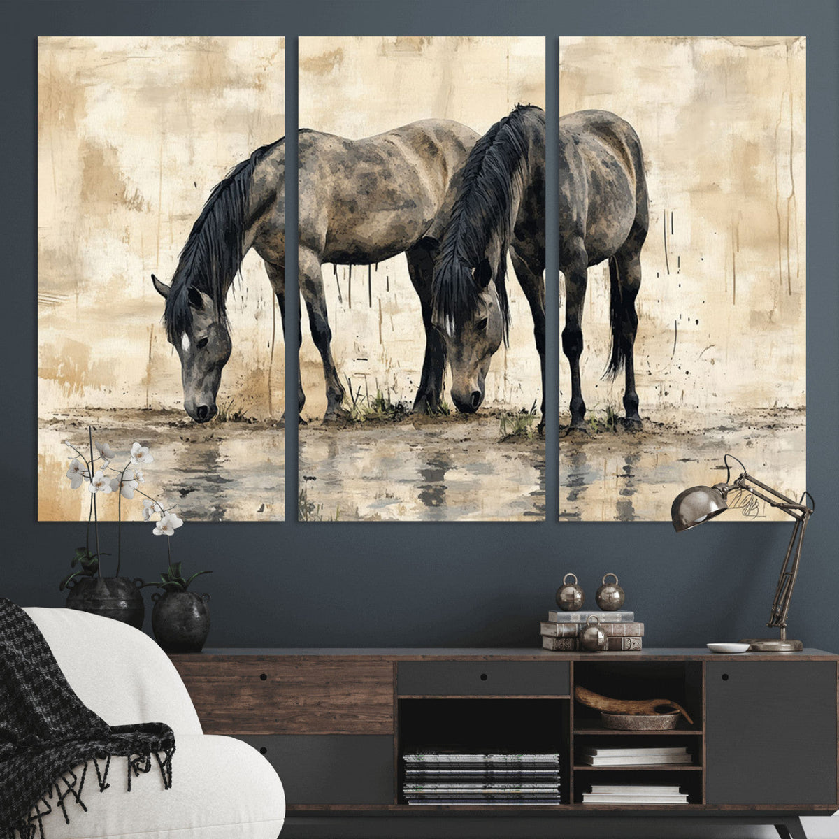 Chinese Style Abstract Black Horses Wall Art Canvas Print -